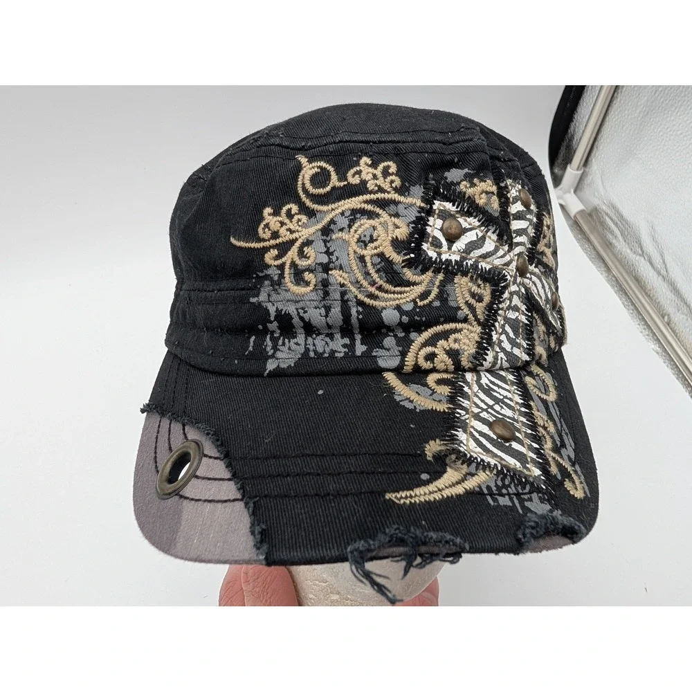 KBETHOS Black Distressed Cadet Hat Zebra Cross Studded Military Cap Adjustable